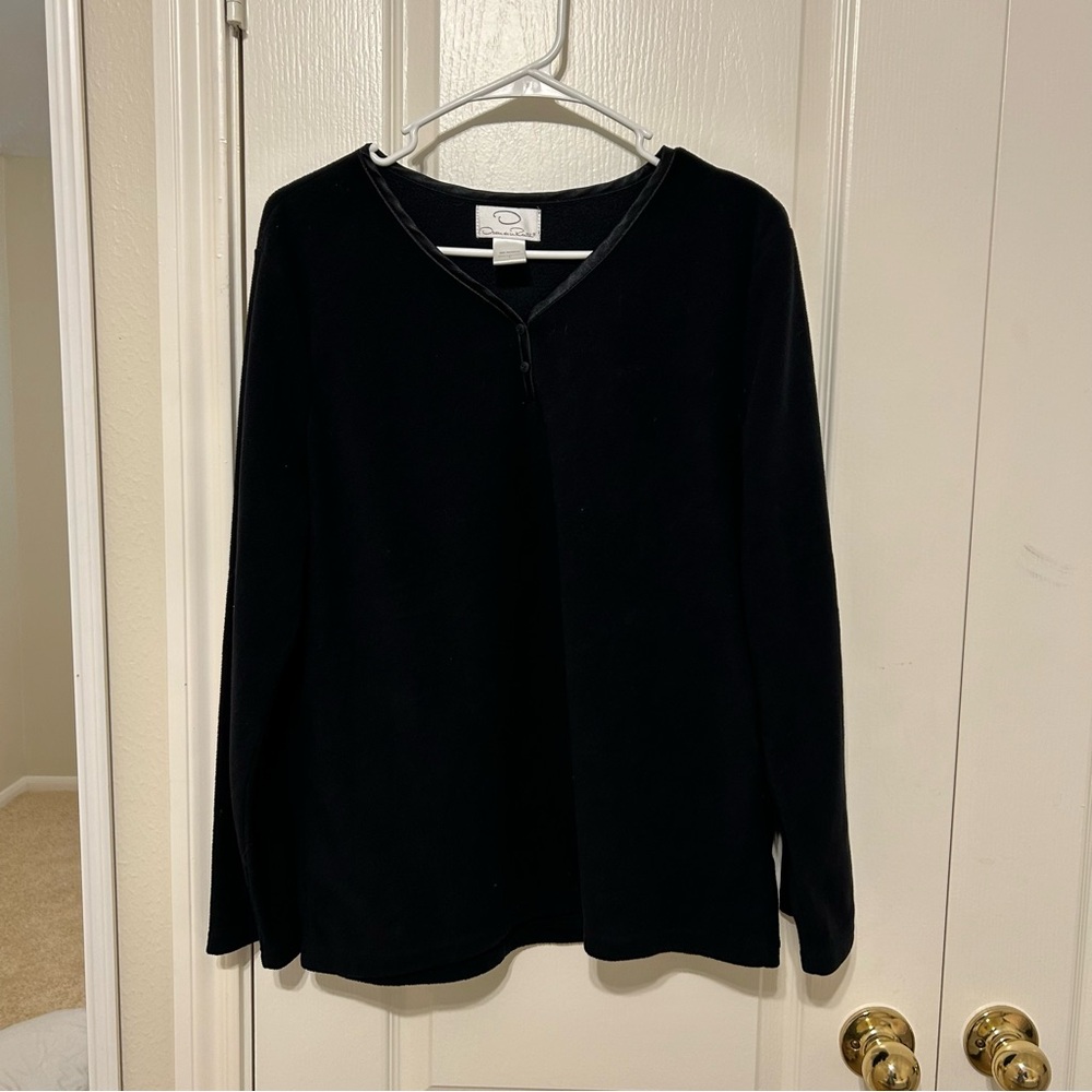 Oscar de la Renta Black Long Sleeve Fleece Pullover Large L